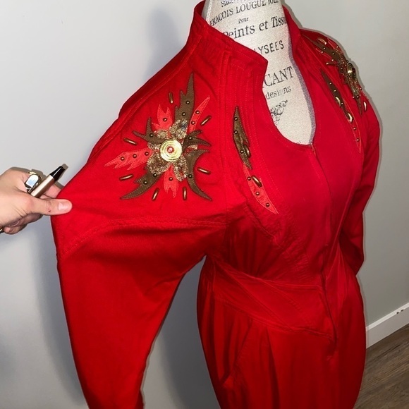 VINTAGE 80’s IIF Gold & Red Lace & Stud Embellished Cocktail Dress Long Sleeve S - Picture 6 of 9